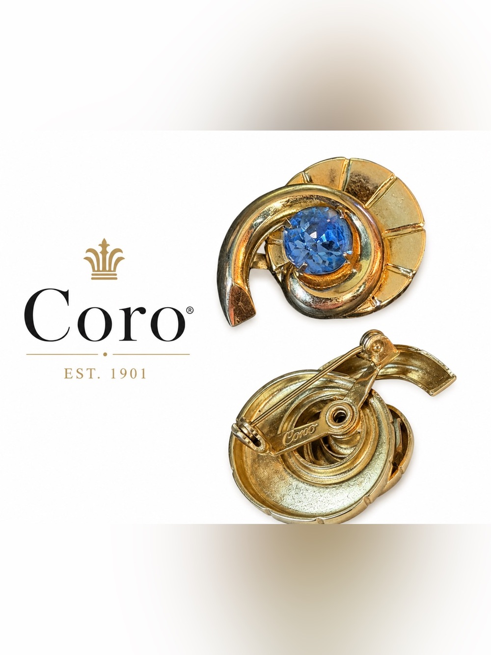 Vintage Coro Gold Tone Swirl Brooch Blue Rhinestone Signed Designer Pin